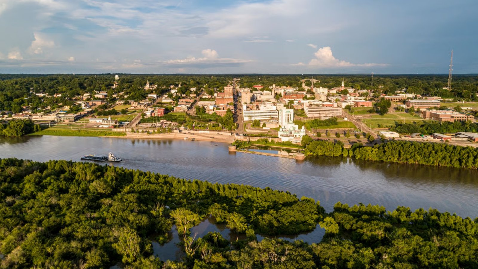 Aerial view of Columbia, MS along the Pearl River