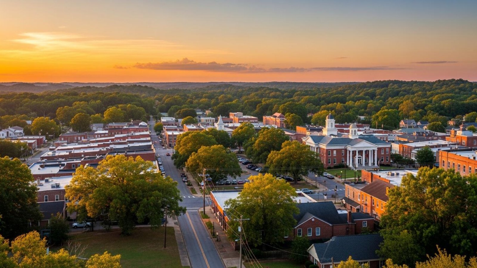 Aerial view of downtown Ellisville, MS at sunset with the Jones County courthouse