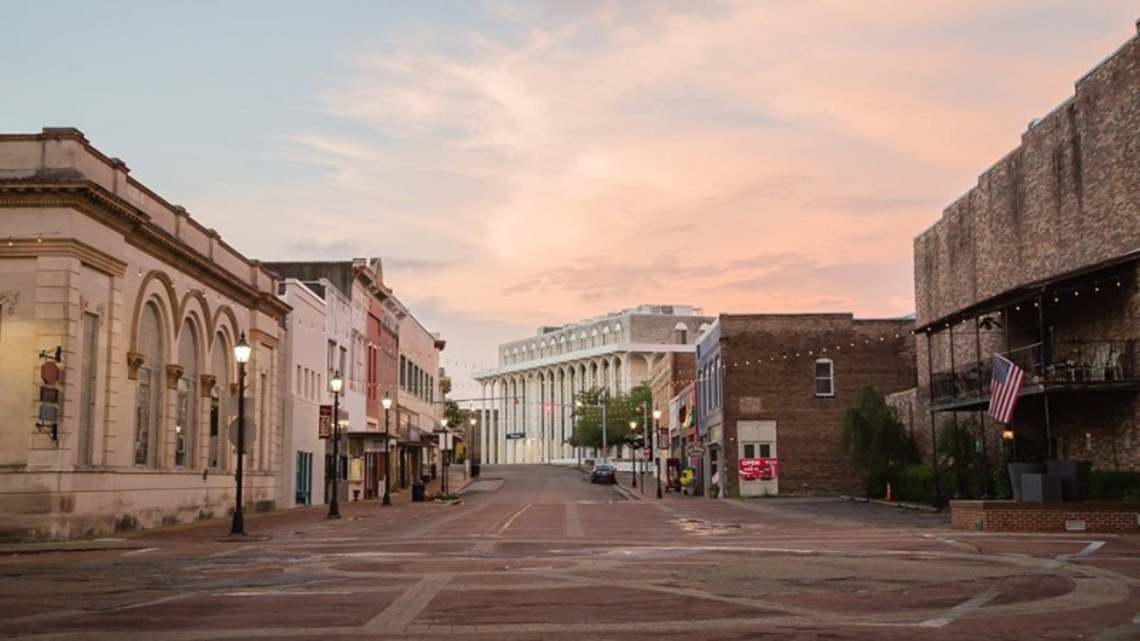Historic downtown Laurel, MS storefronts at dusk