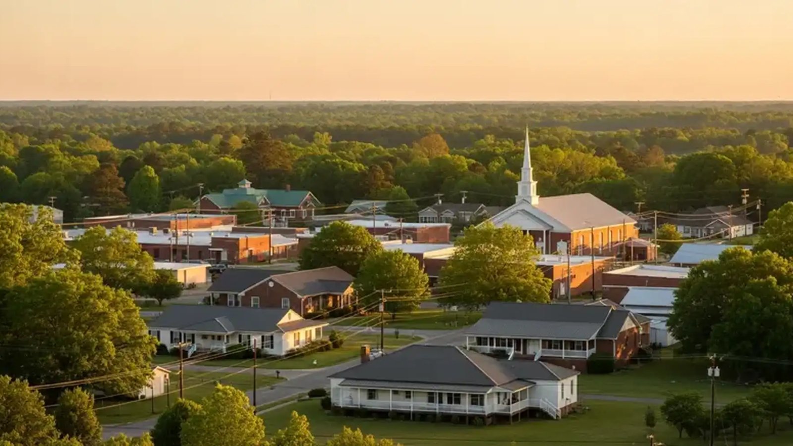 Aerial view of Sumrall, MS at sunset with white church steeple