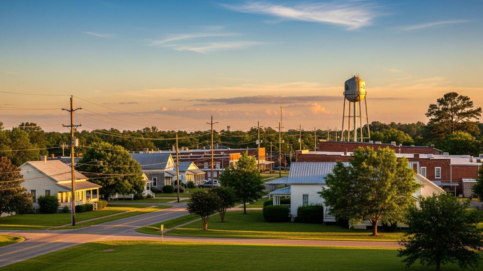 Wiggins, MS neighborhood street at sunset with water tower