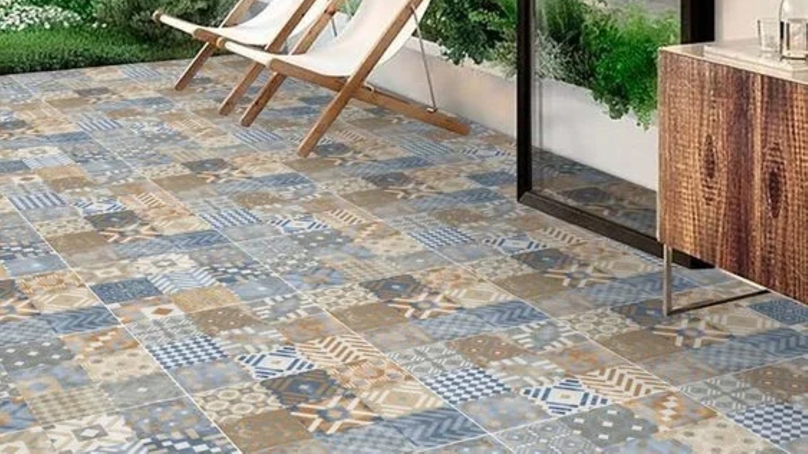 Patterned outdoor tile patio with lounge chairs, Hattiesburg MS