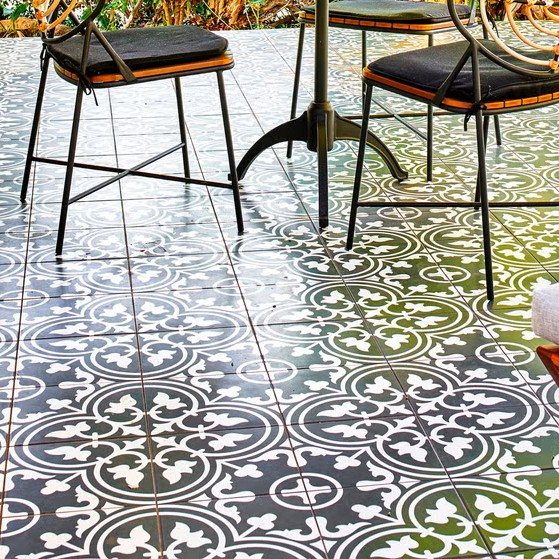 Patterned textured outdoor tile on a covered patio